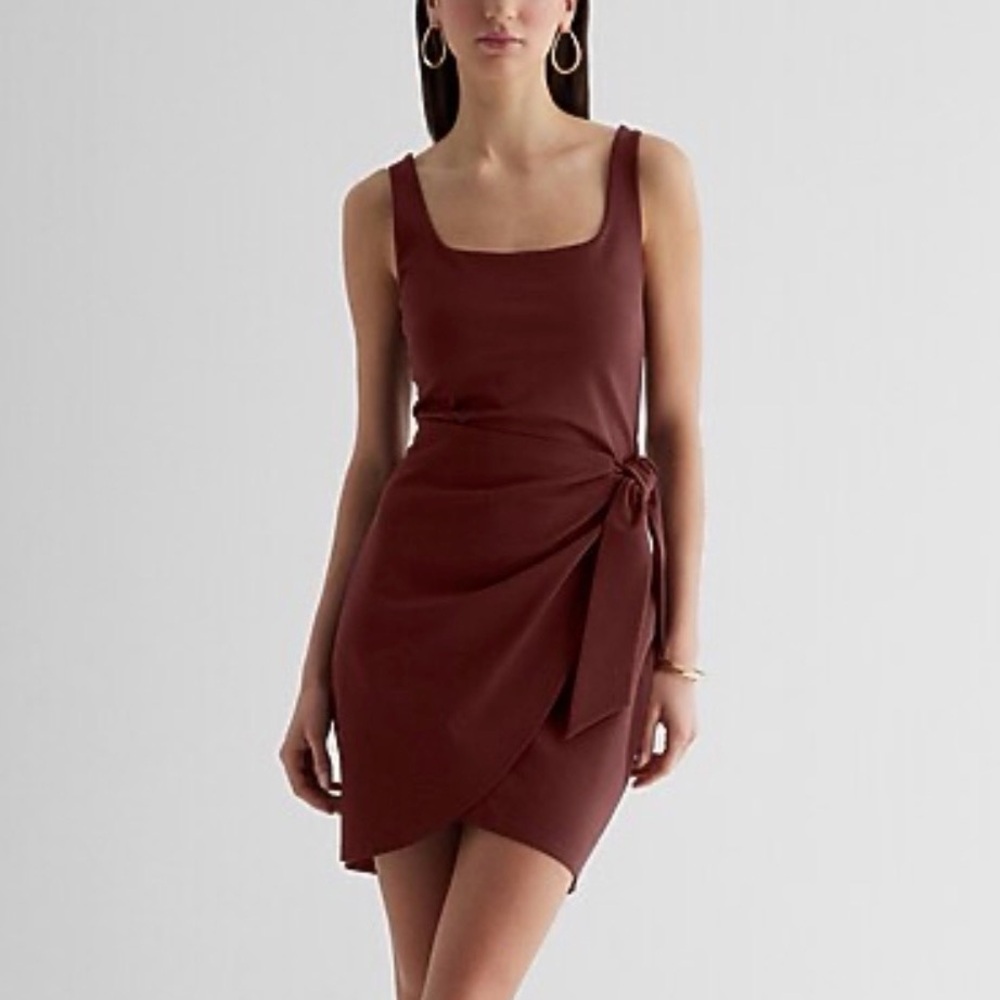 Express Brown Body Contour Square Neck Wrap Front Mini Dress Size L